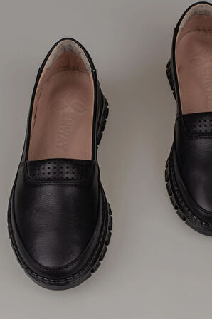 Trend Adımlar Siyah Hakiki Deri Kadın Comfort Babet