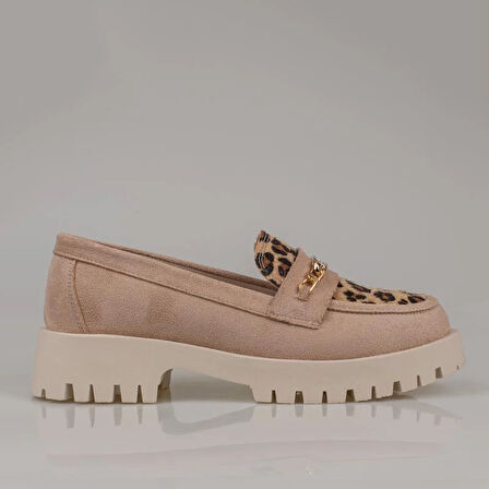 Trend Adımlar Krem Kadın Nubuk Leopar Casual Ayakkabı