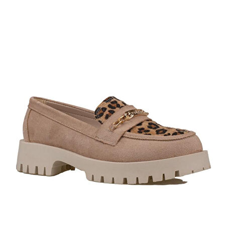 Trend Adımlar Krem Kadın Nubuk Leopar Casual Ayakkabı