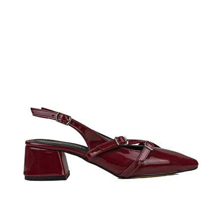 Trend Adımlar Bordo Rugan Çift Toka Arkası Açık Kadın Klasik Ayakkabı