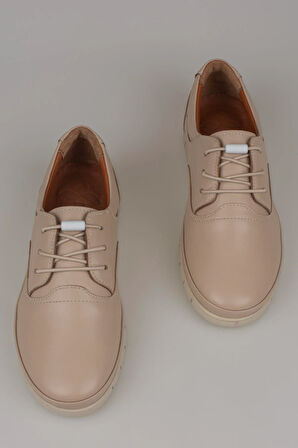 Trend Adımlar Krem Hakiki Deri Lastikli Kadın Comfort Ayakkabı