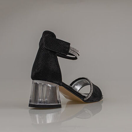 Trend Adımlar Siyah Taş İşleme Saten Cırtlı Kız Çocuk Klasik Ayakkabı