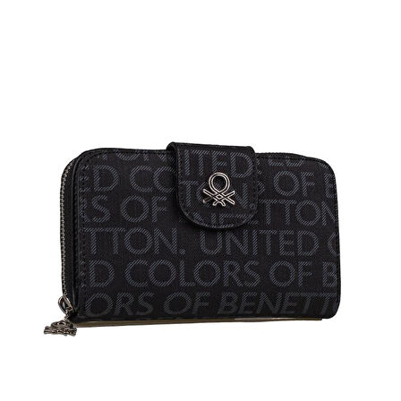 Benetton Siyah Monogram Eskitme Geniş Kadın Cüzdan BNT 1301