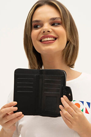 Benetton Siyah Monogram Eskitme Geniş Kadın Cüzdan BNT 1301