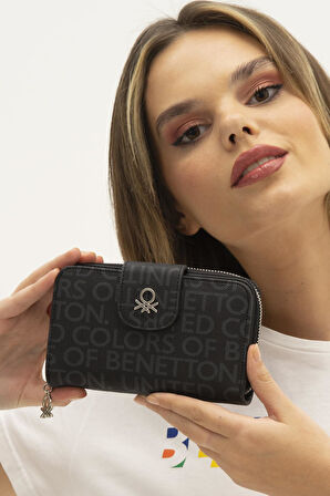 Benetton Siyah Monogram Eskitme Geniş Kadın Cüzdan BNT 1301