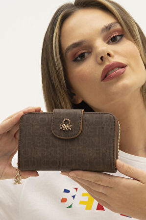 Benetton Kahverengi Monogram Eskitme Geniş Kadın Cüzdan BNT 1301