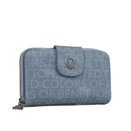 Benetton Mavi Monogram Eskitme Geniş Kadın Cüzdan BNT 1301