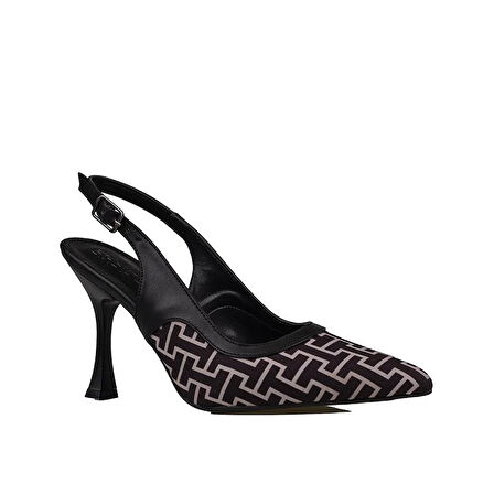 Trend Adımlar Siyah Kadın Keten Arkası Açık Kemerli Klasik Ayakkabı