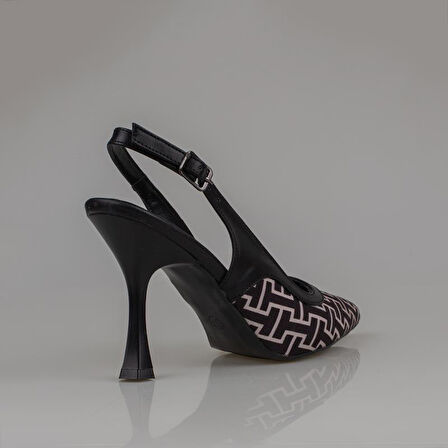 Trend Adımlar Siyah Kadın Keten Arkası Açık Kemerli Klasik Ayakkabı