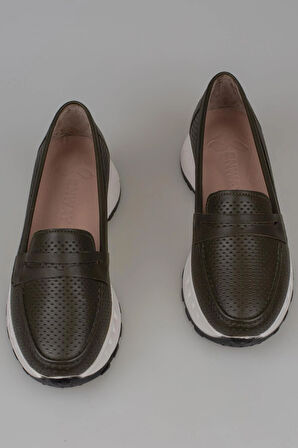 Trend Adımlar Yeşil Kadın Ortopedik Hakiki Deri Comfort Babet