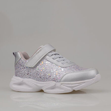 Trend Adımlar Gümüş Simli Saten Kız Çocuk Sneaker