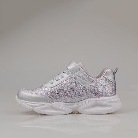 Trend Adımlar Gümüş Simli Saten Kız Çocuk Sneaker