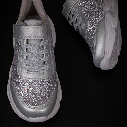 Trend Adımlar Gümüş Simli Saten Kız Çocuk Sneaker