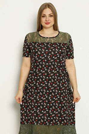 Siyah Çiçek Desenli Dantel Detaylı Büyük Beden penye modal tunik
