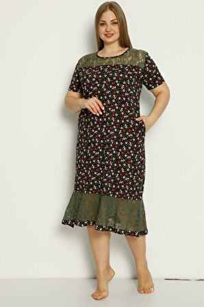 Siyah Çiçek Desenli Dantel Detaylı Büyük Beden penye modal tunik