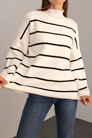 Bej - Çizgili Oversize Uzun Triko Kazak