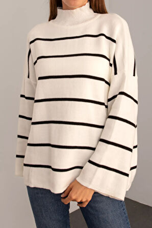 Bej - Çizgili Oversize Uzun Triko Kazak