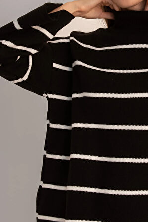 Siyah - Çizgili Oversize Uzun Triko Kazak
