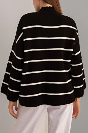 Siyah - Çizgili Oversize Uzun Triko Kazak