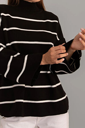 Siyah - Çizgili Oversize Uzun Triko Kazak