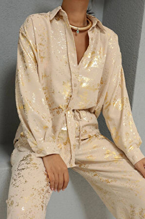 Bej - Varaklı Baskılı Parlak Gömlek