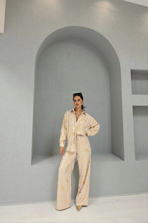 Bej - Varaklı Baskılı Parlak Gömlek