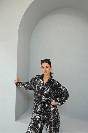 Siyah - Varaklı Baskılı Parlak Gömlek