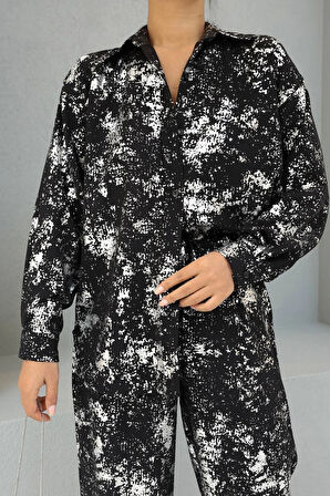 Siyah - Varaklı Baskılı Parlak Gömlek