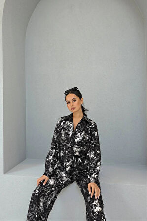 Siyah - Varaklı Baskılı Parlak Gömlek