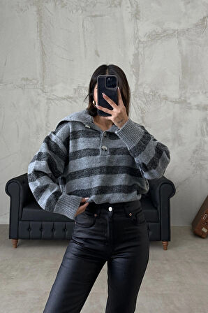 Antrasit - Çizgili Düğmeli Kazak