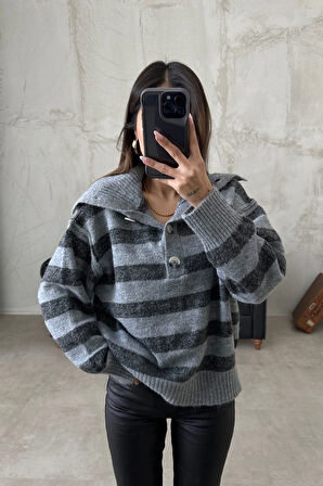 Antrasit - Çizgili Düğmeli Kazak