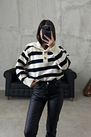 Lacivert - Çizgili Düğmeli Kazak