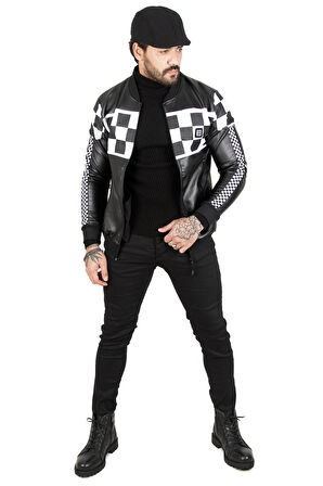 Siyah-Beyaz Fermuarlı Deri Mont 2100182