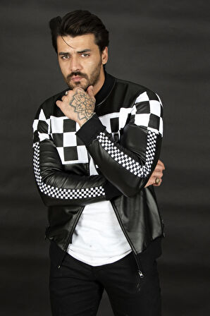 Siyah-Beyaz Fermuarlı Deri Mont 2100182