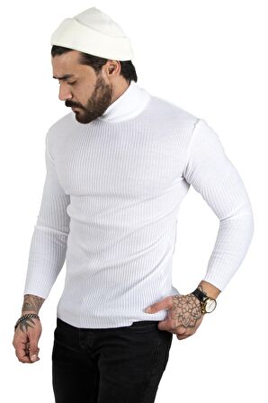 Erkek Beyaz Balıkçı Yaka Çizgili Slim Fit Örme Kazak 2100015