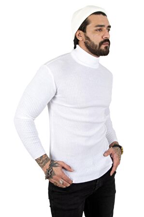 Erkek Beyaz Balıkçı Yaka Çizgili Slim Fit Örme Kazak 2100015