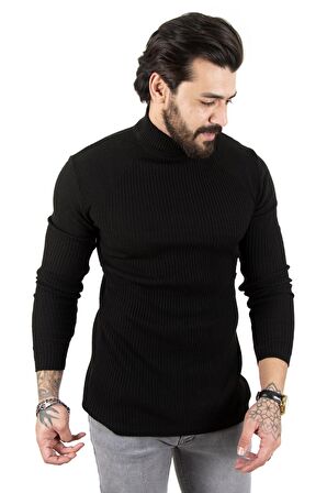 Erkek Siyah Balıkçı Yaka Çizgili Slim Fit Örme Kazak 2100015