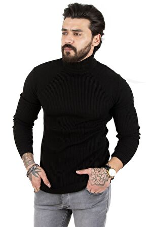 Erkek Siyah Balıkçı Yaka Çizgili Slim Fit Örme Kazak 2100015