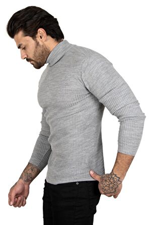 Erkek Gri Balıkçı Yaka Çizgili Slim Fit Örme Kazak 2100015