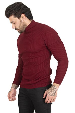 Erkek Bordo Balıkçı Yaka Çizgili Slim Fit Örme Kazak 2100015