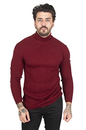 Erkek Bordo Balıkçı Yaka Çizgili Slim Fit Örme Kazak 2100015