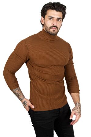 Erkek Kahve Balıkçı Yaka Çizgili Slim Fit Örme Kazak 2100015