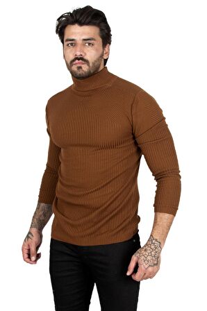 Erkek Kahve Balıkçı Yaka Çizgili Slim Fit Örme Kazak 2100015