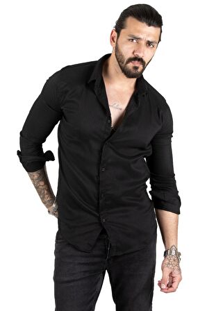 DeepSEA Siyah Noktalı Dar Kesim Düğmeli Likralı Uzun Kollu Erkek Gömlek 2001810