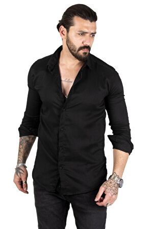 DeepSEA Siyah Noktalı Dar Kesim Düğmeli Likralı Uzun Kollu Erkek Gömlek 2001810