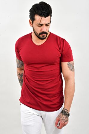 Erkek Bordo V Yaka Düz Tişört