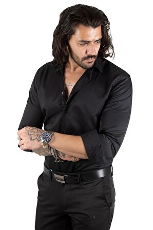 DeepSEA Erkek Siyah Dar Kesim Uzun Kollu Kol Düğmeli Gömlek 2209615