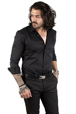 DeepSEA Erkek Siyah Dar Kesim Uzun Kollu Kol Düğmeli Gömlek 2209615