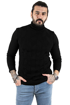 DeepSEA Erkek Siyah  Desenli Tam Balıkçı Yaka Slimfit Kazak 2301462