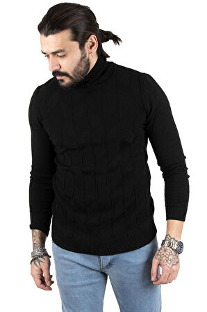 DeepSEA Erkek Siyah  Desenli Tam Balıkçı Yaka Slimfit Kazak 2301462